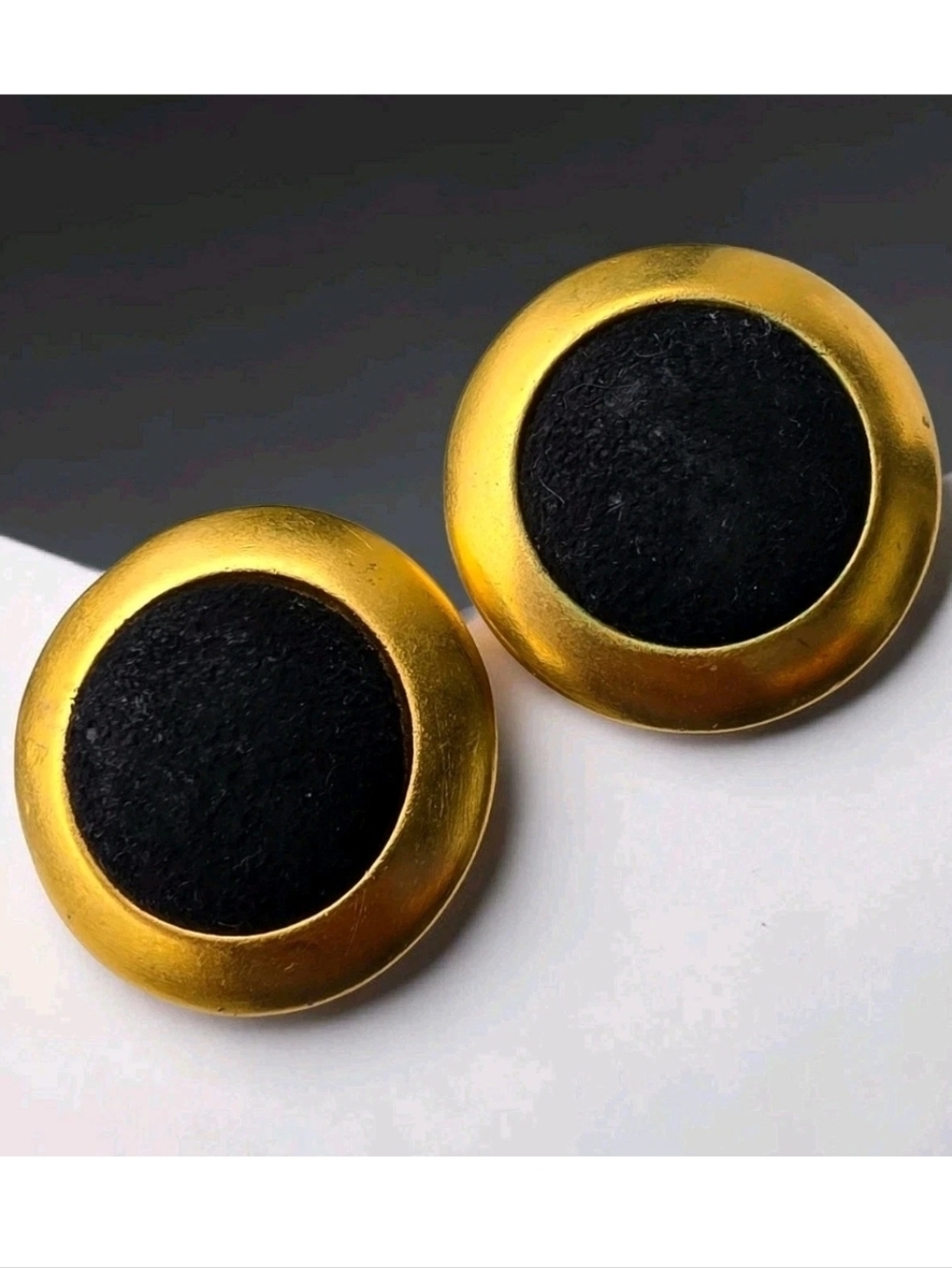 Vintage Carol Dauplaise Gold Tone Black Suede Round Button Clip On Earrings